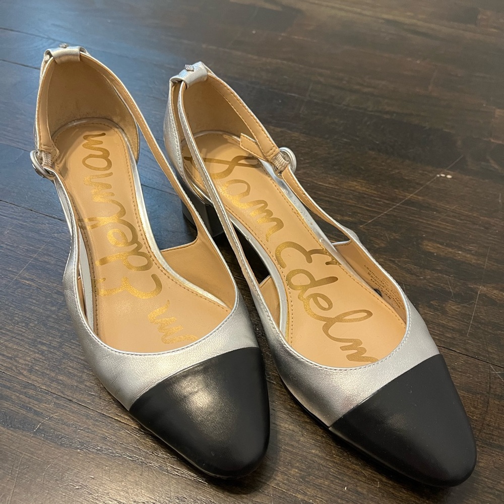 Sam Edelman Leah silver & black Slingback Captoe Pumps Heels sz 9